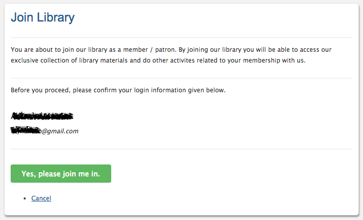 Join library confirmation page