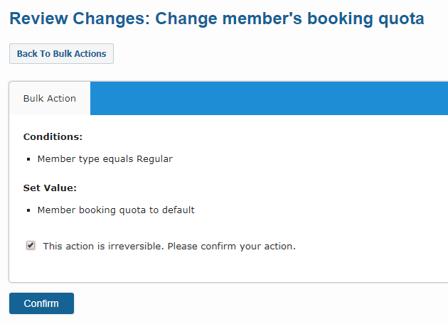 Bulk Actions member booking quota review changes